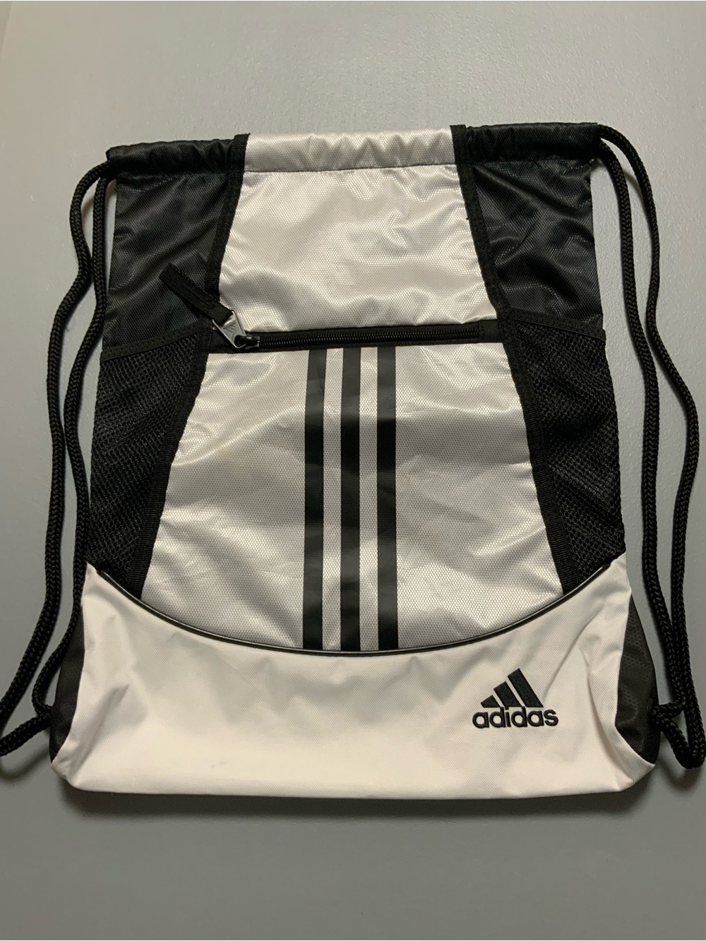 adidas Men’s White and Black Drawstring Gym Sack with Three Stripes
